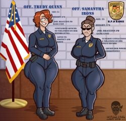 2girls angry angry_expression angry_face ass big_ass big_breasts big_butt breasts butt character_profile female hair_bun holster holstered_weapon large_ass large_breasts large_butt light-skinned_female light_skin orange_hair police police_uniform policewoman sunglasses tagme tight_clothing tight_uniform tonicartz wide_hips