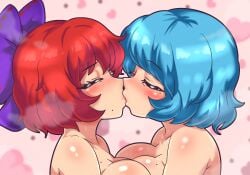 2girls asymmetrical_docking big_breasts blue_hair blush blushing bow bowtie breast_press breasts breasts_pressed_together cleavage closed_eyes duo duo_focus female female_focus female_only fully_naked fully_nude hair_ribbon heart heart_symbol hearts kissing kogasa_tatara large_breasts lesbian lesbian_kiss light_blush medium_breasts mole mole_on_breast mole_under_eye naked nude pink_background red_hair ribbon seireiart sekibanki short_hair side_view sideboob steam steamy sweat sweatdrop sweating sweaty sweaty_body touhou upper_body upper_body_focus upper_body_only yuri
