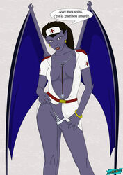 1girls angela_(gargoyles) cleavage disney fab fab3716 female female_only french_text gargoyles humanoid nurse nurse_uniform purple-skinned_female purple_skin slutty_nurse solo solo_female stethoscope tagme tail wings