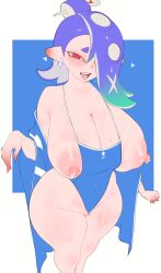 1girls big_ass big_breasts blue_hair blush breasts breasts_bigger_than_head earrings eyeshadow female large_ass large_breasts light-skinned_female light_skin looking_at_viewer noboko_k octoling one-piece_swimsuit overflowing_breasts pale-skinned_female pale_skin pointy_ears red_eyes sharp_teeth shiver_(splatoon) smile splatoon splatoon_2 splatoon_3 swimsuit thick_thighs undersized_clothes wide_hips