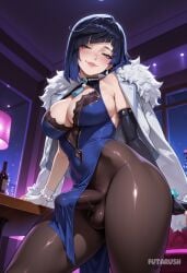 ai_generated artist_name asymmetrical_gloves bare_shoulders black_gloves black_hair black_pantyhose blue_dress blue_hair blush bob_cut bracelet breasts brown_pantyhose bulge cleavage closed_mouth coat_on_shoulders covered_navel covered_penis covered_testicles dark_blue_hair diagonal_bangs dice dress earrings elbow_gloves erection erection_under_clothes fingerless_gloves fur-trimmed_jacket fur_trim futanari futarush genshin_impact gloves green_eyes half-closed_eyes hoyoverse indoors jacket jacket_on_shoulders jewelry large_breasts lips looking_at_viewer mihoyo mismatched_gloves mole mole_on_breast multicolored_hair night pantyhose patreon patreon_username pelvic_curtain penis short_hair single_elbow_glove sleeveless smile solo sultryspark testicles thighs white_gloves white_jacket window yelan_(genshin_impact)