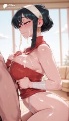 1boy 1girl 1girls absurd_res absurdres ai_generated ass bandages bandaid bandaid_on_face bandaid_on_nose bare_shoulders big_ass big_breasts black_hair blurred_background blurry_background blush breasts breasts_squeezed_together cartoon cartoony closed_mouth clothed_female_nude_male cum cum_on_body cum_on_breasts cum_on_clothes cum_on_hair dark-skinned_male dark_skin depth_of_field earrings ejaculation erection facial female female_focus from_side gold_earrings hair_bun hairband half-closed_eyes hetero hi_res high_quality high_resolution highres indoors jewelry large_ass large_breasts large_penis no_pants nude odexai paizuri paizuri_under_clothes panties penis perpendicular_paizuri projectile_cum red_eyes red_sweater sidelocks sleeveless sleeveless_sweater small_waist solo_focus spy_x_family straight sweat sweater testicles thick_thighs thighs thin_waist thorn_princess turtleneck underwear white_hairband white_panties wide_hips window yor_briar yor_forger