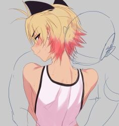 2boys blush cat_ears earrings femboy gay indie_virtual_youtuber kainen light_skin multicolored_hair nervous_smile okymir red_eyes size_difference suggestive sweat tank_top twink two-tone_hair virtual_youtuber vtuber