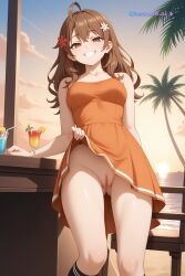 1girl ahoge ai_assisted ai_generated beach beautiful brown_eyes brown_hair day dress evening general grayscale grin hair_ornament high_contrast highres indoors lens_flare long_hair looking_at_viewer medium_breasts no_nose orange_bikini palm_tree perfect_anatomy pussy sharp_teeth sitting_on_chair slit_pupils smug socks source_anime standing sunset thigh_gap upskirt_view