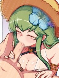 bikini breasts censored choker cleavage closed_eyes fellatio fire_emblem fire_emblem_heroes green_eyes green_hair hair_flower handjob hat large_breasts long_hair mimizunooka mosaic_censoring motion_blur multicolored_nails nail_polish oral palla_(fire_emblem) penis straw_hat sweat swimsuit testicles