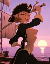 ai ai_generated alien breasts captain_amelia disney exposed_breasts feline green_eyes hat looking_at_viewer mature_female military_clothing military_uniform ocean open_mouth pirate pirate_hat saber ship ship_deck smile sword treasure_planet uniform