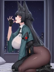 1girl ai_generated animal_ear_fluff animal_ears black_bra black_footwear black_gloves black_hair black_necktie black_pantyhose black_skirt blunt_bangs blush boots bra bra_visible_through_clothes braid breasts brown_pantyhose cityscape collared_shirt cropped_jacket fellatio_gesture fingerless_gloves fox_ears fox_girl french_braid from_side gloves green_jacket half_updo hand_up high-waist_skirt high_heel_boots high_heels hoshimi_miyabi id_card indoors jacket kneeling large_breasts long_hair long_sleeves looking_at_viewer necktie night night_sky on_bed open_clothes open_jacket open_mouth pantyhose pelvic_curtain pillow profile red_eyes see-through shirt shirt_tucked_in sitting skirt sky solo star_(sky) starry_sky thighs tongue tongue_out twitter_username underwear very_long_hair white_shirt window zenless_zone_zero