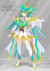 baku_yorozu blue_hair breasts dress genderswap gloves heels kamen_rider kamen_rider_zeztz kamen_rider_zeztz_(series) otokam1117 power_up power_up_girl rule_63 skirt stockings tagme thighs tokusatsu