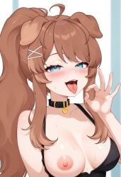 1girls 2d ai_generated animal_ears areolae blue_eyes brown_hair collar dog_ears dog_girl female light-skinned_female light_skin lilybell_vt long_hair looking_at_viewer nipples oneeshi open_mouth pink_nipples ponytail profanavtubers tongue_out virtual_youtuber vtuber