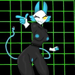 blue_hair cat_ears grey_body tasque_manager_(deltarune) yellow_eyes