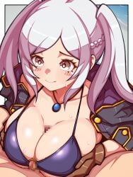 beach bikini breasts brown_eyes censored cleavage coat fire_emblem fire_emblem_awakening fire_emblem_heroes gloves jewelry large_breasts long_hair mimizunooka mosaic_censoring o-ring paizuri penis purple_bikini robin_(female)_(fire_emblem) sweat swimsuit twintails white_hair