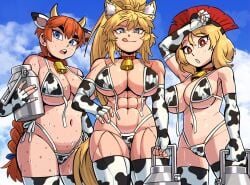 2025 3girls bbtan big_breasts centurii-chan_(character) character_request commission cow_print_bikini female_only judy_(bbtan) milk_container tagme untied_bikini_top