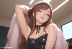 1boy 1femboy absurd_res ai_generated arm_behind_head arm_up armpits artist_name artist_upload bare_shoulders black_choker black_dress blurry breasts brown_eyes brown_hair choker cleavage coat crossdressing dress earrings femboy femboy_focus feminine_male from_below fur_coat gay half-closed_eyes hi_res indoors jewelry lips long_hair looking_at_viewer medium_breasts monitor more_at_source pandora parted_lips patreon patreon_username pink_coat pink_lips self_upload small_breasts smile solo strapless strapless_dress transgender uncensored upper_body watermark