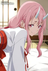 1girl ai_generated all_fours anime anime_style breasts closed_mouth hakama hentai hi_res horns indoors japanese_clothes kimono large_breasts long_hair long_sleeves looking_at_viewer medium_breasts miko mystic_maidens oni patreon pink_eyes pink_hair red_eyes red_hakama sash shuna_(tensei_shitara_slime_datta_ken) sidelocks skirt smile solo tensei_shitara_slime_datta_ken white_kimono