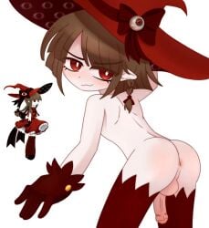 1boy :3 anus artist_request ass balls blush bow braid brown_hair colored_skin femboy funamusea genderswap genderswap_(ftm) gloves hat otoko_no_ko penis pointy_ears red_bow red_eyes red_gloves red_hat red_thighhighs reference_inset rule_63 short_hair simple_background solo testicles trap veiny_penis wadanohara wadanohara_and_the_great_blue_sea white_background white_pupils white_skin witch_hat