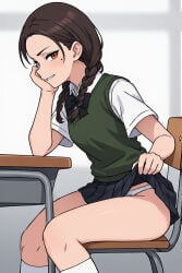 ai_generated arm_support beauty_mark bowtie braided_hair brown_hair classroom clothed clothes flashing flashing_panties fully_clothed green_vest lifting_skirt looking_at_viewer mischievous_smile mole_under_eye original original_character perchance_ai pleated_skirt provocative school_desk school_uniform schoolgirl schoolgirl_uniform side_view sitting skirt skirt_lift small_breasts socks thick_thighs twin_braids white_legwear white_shirt white_socks yellow_eyes