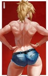 1girls ass back_view blonde_hair fate_(series) mendo0821 minishorts mordred_(fate) muscular_female ponytail short_hair strong_female topless