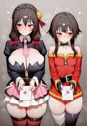 2girls ai_generated alternate_breast_size asymmetrical_legwear averting_eyes bandaged_leg bandages bare_shoulders belt belt_buckle between_breasts black_belt black_choker black_collar black_gloves black_hair black_thighhighs blush bow braid breasts brown_hair buckle choker cleavage cleavage_cutout closed_mouth clothing clothing_cutout collar cowboy_shot crown_braid dress envelope feet_out_of_frame female fingerless_gloves flat_chest gloves grey_background hair_between_eyes hair_bow hair_ornament holding holding_envelope holding_letter huge_breasts juliet_sleeves kono_subarashii_sekai_ni_shukufuku_wo! large_breasts legs_together legwear letter long_hair long_sleeves looking_at_another looking_at_viewer looking_to_the_side love_letter low_twintails medium_hair megumin miniskirt mismatched_legwear multiple_girls necktie necktie_between_breasts nervous off-shoulder_dress off_shoulder pink_necktie pink_skirt puffy_sleeves red_bow red_dress red_eyes shirt short_dress short_hair_with_long_locks shy sidelocks sideways_glance simple_background single_thighhigh skindentation skirt small_breasts smile standing steaming_body sweat thick_thighs thighhighs thighs twintails white_skirt yunyun_(konosuba) zettai_ryouiki