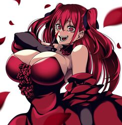 1girls aka_noju armpits big_breasts blood blush camui_kamui_(hz_666v) choker cleavage crazy crazy_eyes female female_only gloves huge_breasts light-skinned_female light_skin long_hair open_mouth original petals red_dress red_eyes red_hair solo thin thin_waist top_heavy voluptuous yandere