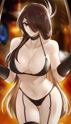 1girls beidou_(genshin_impact) black_bra black_panties bra breasts brown_hair choker cleavage curvy curvy_figure eyepatch female female_only garter_straps genshin_impact highres human large_breasts long_hair panties red_hair thighhighs tommietomm underwear voluptuous wide_hips