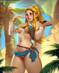 1girls areolae blonde_hair breasts breath_of_the_wild casual clothing demigoddess female female_only gerudo_link_(cosplay) gerudo_outfit gerudo_outfit_zelda gerudo_top humanoid hylian lerapi nintendo nipples one_breast_out outdoors pale_skin pointy_ears princess_zelda pussy sheikah_slate solo the_legend_of_zelda vagina zelda_(breath_of_the_wild)