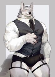 1boy 2021 5_fingers anthro black_clothing black_nose black_underwear bulge canid canine canis claws clothed clothing erection erection_under_clothes erection_under_clothing facial_scar fingers fur garter_belt garter_straps genital_outline grey_body grey_eyes grey_fur grey_tail hi_res humanoid_hands male male_only mammal multicolored_body multicolored_fur muscular muscular_anthro muscular_arms muscular_male omochi_kuitai pecs penis_outline scar shirt solo thick_thighs topwear two_tone_body two_tone_fur underwear vest white_body white_fur wolf