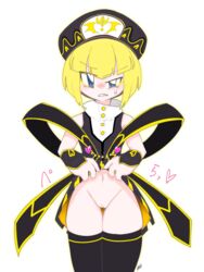 1girls artist_request belly_button black_and_yellow_clothing black_clothing blonde_hair blush bob_cut embarrassed exposed_pussy female female_focus female_only hat kirby_(series) kirby_star_allies navel nintendo panties pussy self_exposure shirt_lift sleeveless sleeveless_shirt sweatdrop thighs vagina yellow_hair zan_partizanne