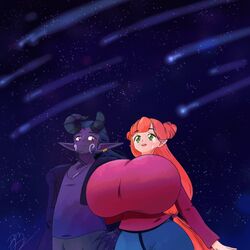 1boy 1boy1girl 1girls blue_hair couple date demon_boy demon_eyes dragon_boy elf freckles ginger green_eyes happy horns hyper_breasts large_breasts leggings looking_up night orange_hair purple_skin riley_moore riley_moore_(artist) rilli_oshina space stars sweater tears tight_clothing wholesome