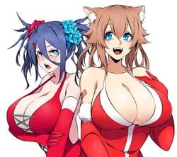 2girls angry animal_ears bandage big_breasts blue_eyes blush blushing breasts brown_hair camui_kamui_(hz_666v) cat_ears catgirl christmas christmas_outfit cleavage cute drizzy_(camui_kamui) flustered gloves happy heterochromia light-skinned_female light_skin makeup multiple_girls open_mouth original red_eye red_gloves short_hair sleeveless sleeveless_shirt smile thin thin_waist top_heavy voluptuous