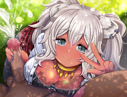 1boy :3 ahoge alternate_costume alternate_skin_color animal_ear_fluff animal_ears bangs black_bra black_legwear black_nails blush bra breast_press breasts commentary_request cum dark-skinned_male dark_skin ear_piercing ejaculation faceless faceless_male female grey_eyes grey_hair gyaru hair_between_eyes handjob heart hololive hololive_gen_5 hololive_japan jewelry kemonomimi kneeling lace-trimmed_bra lace_trim large_breasts lion_ears lion_girl long_hair looking_at_viewer mi_nomi_ni miniskirt motion_blur motion_lines nail_polish necklace open_clothes open_shirt piercing red_skirt school_uniform shirt shishiro_botan sidelocks silver_hair skirt straight tan thighhighs torn_clothes torn_legwear two_side_up underwear v virtual_youtuber white_shirt