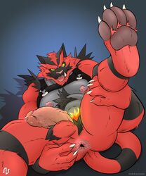 2021 abs absurd_res anthro anus ass ball_tuft balls black_body black_fur bodily_fluids chest_tuft claws erection fangs feet finger_claws fur genital_fluids genitals green_eyes hand_on_butt harness hi_res holding_butt holding_leg incineroar looking_at_viewer lying male male_only multicolored_body multicolored_fur muscular muscular_anthro muscular_male narram nintendo nipple_piercing nipples nude on_back open_mouth pawpads pecs penis perineum piercing pokémon_(species) pokemon precum precum_on_penis presenting presenting_anus raised_leg red_body red_fur sharp_teeth solo spread_anus spread_legs spreading straps teeth tongue tongue_out tuft two_tone_body two_tone_fur vein veiny_penis video_games yellow_sclera