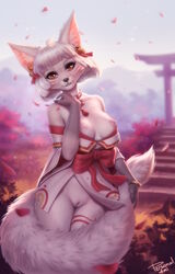 2021 anthro asian_clothing asian_mythology bell breasts canid canine east_asian_clothing east_asian_mythology female fox fox_spirit fur furry genitals highres japanese_clothing looking_at_viewer mammal miko_outfit mythology nipples personalami pussy red_eyes ribbons shrine_maiden solo white_fur