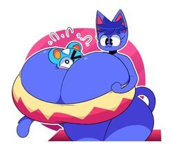 animal_crossing anthro big_breasts dewbber duo feline filbert_(animal_crossing) furry mouse nintendo no_pants purple_fur rosie_(animal_crossing) size_difference smothering struggling