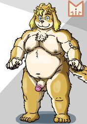 anthro balls belly better_version_at_source biceps blue_eyes canid canine canis domestic_dog flaccid floppy_ears fur genitals hi_res hisaki_(live_a_hero) live-a-hero male mammal multicolored_body multicolored_fur musclegut navel nipples nude pecs penis red_panda_mirr slightly_chubby solo yellow_body yellow_fur