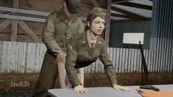 1boy 1girls 3d angle animated brown_hair call_of_duty call_of_duty_ww2 clothed_sex colt_1911 corporal_green creampie cum cum_in_pussy cum_inside from_behind grabbing_ass lewdlish light-skinned_female light_skin m1_garand military military_uniform missionary_position moaning on_desk ponytail radio sfm sound source_filmmaker uniform vaginal_penetration video warehouse watch world_war_2