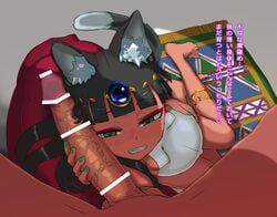 1boy 1girls animal_ear_fluff animal_ears blush cat_ears dark-skinned_female dark-skinned_male dark_skin egyptian female gold green_eyes green_nail_polish hayanye male male/female nail_polish original small_breasts tagme veiny_penis