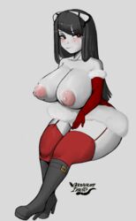 1girls areolae bangs black_hair blush boots breasts christmas christmas_outfit demon demon_girl female garters gloves horns huge_breasts huge_thighs large_areolae large_breasts large_nipples long_gloves long_hair opossum_imoto phalia red_eyes skirt solo_female stockings succubus thick_thighs