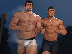 2boys athletic athletic_male bara biceps big_balls big_butt big_muscles big_penis black_underwear bodybuilder bulge daddy dilf flaccid gay hunk icebanon jock male male/male male_only manly muscles outside partially_clothed pecs tarutoru thick_cum thick_legs thick_penis thick_thighs underwear white_underwear yaoi