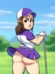 1girls angry ass blush brown_hair butt female female_focus female_only gloves golf golf_club hat lovetopullmicke mario_(series) mario_golf mii nintendo no_panties purple_skirt skirt skirt_lift solo sportswear tagme wind_lift windy_skirt