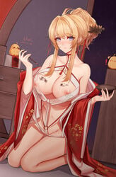 1girls azur_lane chinese_clothes glorious_(azur_lane) glorious_(pungent_plum)_(azur_lane) light-skinned_female light_skin manjuu_(azur_lane) miazi nipples no_bra nopan open_shirt pussy royal_navy_(azur_lane) see-through unique_(artist)