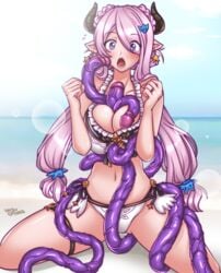 1girls artist_name beach bikini blush breasts cleavage clothing eyes_visible_through_hair female female_only granblue_fantasy horns imminent_oral injuotoko kneeling long_hair narmaya_(granblue_fantasy) open_mouth penis_tentacles pink_hair purple_tentacles shocked solo_female spread_legs surprised surprised_expression swimsuit tentacle tentacle_between_breasts tentacle_paizuri twintails very_long_hair white_bikini white_bikini_bottom white_bikini_top wide_eyed