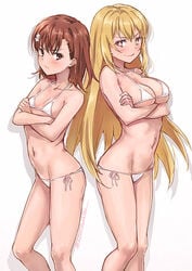 2girls artist_name bangs bikini blonde_hair blush breasts brown_eyes brown_hair crossed_arms hair isshi_pyuma long_hair looking_at_viewer medium_breasts misaka_mikoto multiple_girls navel shokuhou_misaki short_hair side-tie_bikini small_breasts swimsuit teenage_girl teenager to_aru_kagaku_no_railgun to_aru_majutsu_no_index white_background white_bikini yellow_bikini young