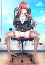 1girls big_breasts black_legwear black_thighhighs breasts brown_hair cleavage doki_doki_literature_club female_only green_eyes heart_pen high_heels hourglass_figure legwear long_hair looking_at_viewer makomako_tarou mitarou_sk monika_(doki_doki_literature_club) office office_chair office_lady panties pen pencil_skirt ponytail ribbon secretary skirt_lift solo solo_female spread_legs suit thick thick_thighs thighhighs thighs upskirt white_panties white_ribbon