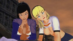 3d blonde_hair blue_eyes bra breasts brown_hair cum cum_on_body cum_on_breasts cum_on_face dark_hair dc dc_comics dcau faceless_male facial handjob jacket kara_danvers kara_zor-el kchentai linda_danvers lois_lane lois_lane_(dcau) looking_at_viewer open_jacket partially_clothed penis penis_grab supergirl supergirl_(dcau) superman:_the_animated_series superman_(series) threesome violet_eyes