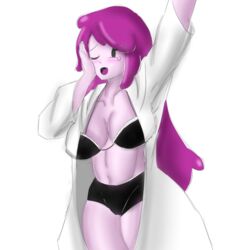 adventure_time big_ass big_breasts big_butt big_nipples black_bra black_panties blush bra coat crying crying_with_eyes_open cute fit fit_female mojiuwu pink_panties princess_bubblegum purple_hair scientist tears