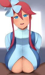 2021 alternate_breast_size blue_eyes cleavage_cutout clothed_paizuri curvy_body dark-skinned_male dark_skin female_focus game_freak huge_breasts looking_at_viewer nao_(ritsancrossover) nintendo paizuri paizuri_under_clothes pokemon pokemon_bw pubic_hair red_hair sidelocks skyla_(pokemon) solo_focus tied_hair underboob