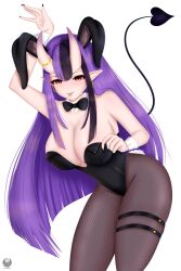 1girls black_hair black_nails bowtie bunny_ears bunnysuit female female_only fishnets gartsx hannahhyrule horns indie_virtual_youtuber light-skinned_female light_skin oni oni_female oni_horns pantyhose pointy_ears purple_hair red_eyes solo tail two_tone_hair virtual_youtuber