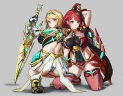 2021 2girls ass breasts crouching ippers kneeling multiple_girls mythra nintendo pyra sword tagme thighs xenoblade_(series) xenoblade_chronicles_2