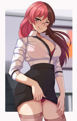 1girls big_breasts black_skirt bra breasts brown_eyes brown_hair business_suit female flashing flashing_panties glasses heterochromia human lainart long_hair looking_at_viewer miniskirt neo_(rwby) office_lady open_clothes open_shirt panties panty_flash panty_peek pencil_skirt pink_eyes pink_hair rooster_teeth rwby skirt skirt_lift skirt_suit solo solo_female thighhighs tight_skirt tongue tongue_out two_tone_hair white_shirt