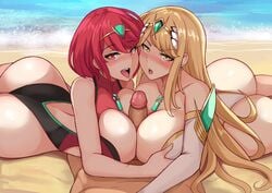 1boy 2girls 3some ass big_ass blonde_hair blush collaborative_paizuri double_paizuri earrings ffm_threesome hair_ornament huge_breasts lainart long_hair mythra nintendo one-piece_swimsuit open_mouth outdoors paizuri penis pyra red_eyes red_hair short_hair swimsuit threesome tiara titjob very_long_hair xenoblade_(series) xenoblade_chronicles_2 yellow_eyes